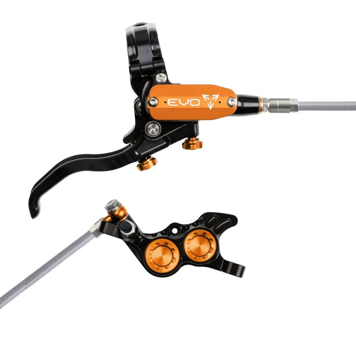 Tweeks Cycles Hope Tech 4 EVO GR4 Hydraulic Disc Brake - Black / OrangeFront Right HandBraided | Clearance section. 365 day returns, 0% finance & FREE delivery over £50