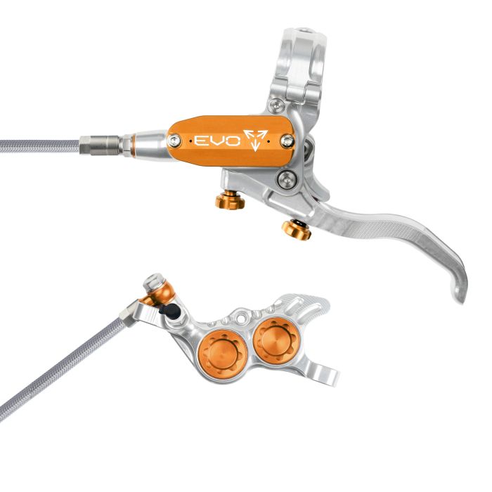 Tweeks Cycles Hope Tech 4 EVO GR4 Hydraulic Disc Brake - Silver / OrangeRear Left HandBraided | Clearance section. 365 day returns, 0% finance & FREE delivery over £50