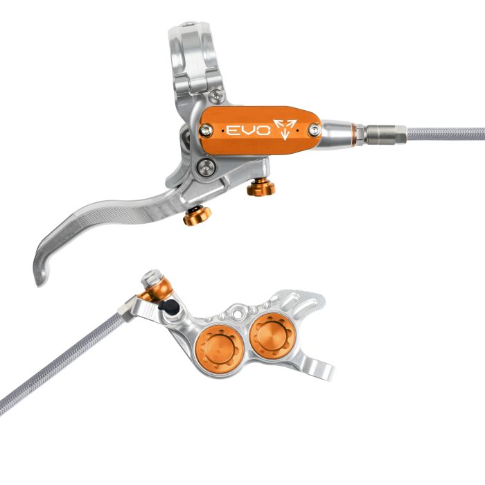 Tweeks Cycles Hope Tech 4 EVO GR4 Hydraulic Disc Brake - Silver / OrangeFront Right HandBraided | Clearance section. 365 day returns, 0% finance & FREE delivery over £50