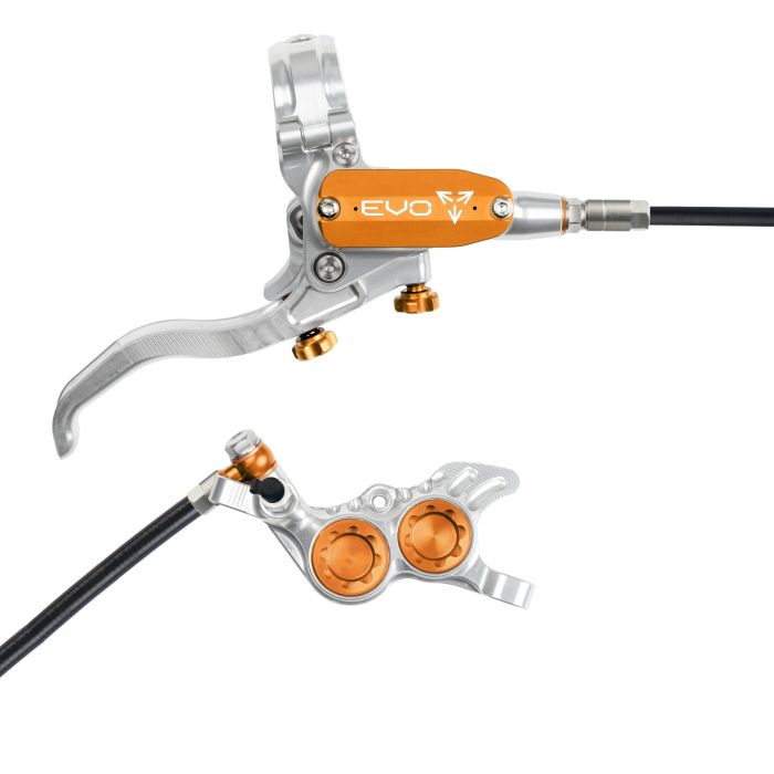 Tweeks Cycles Hope Tech 4 EVO GR4 Hydraulic Disc Brake - Silver / OrangeFront Right HandStandard | Clearance section. 365 day returns, 0% finance & FREE delivery over £50
