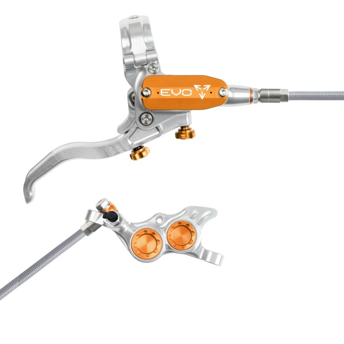Tweeks Cycles Hope Tech 4 EVO TR4 Hydraulic Disc Brake - Silver / OrangeFront Right HandBraided | Clearance section. 365 day returns, 0% finance & FREE delivery over £50