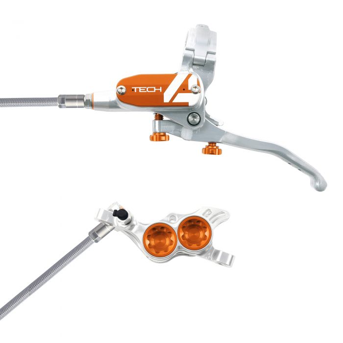 Hope Technology Tech 4 E4 Hydraulic Disc Brake - Silver / OrangeFront Right HandBraided