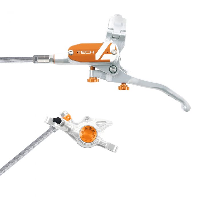 Hope Technology Tech 4 X2 Flat Mount Hydraulic Disc Brake - Silver / OrangeRear Left HandBraided